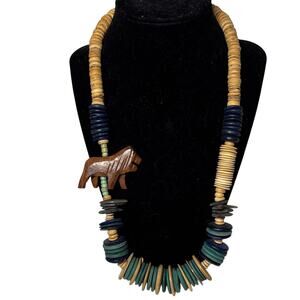 Handcrafted Beaded Necklace Lion Pendant Wood Bone Tribal Style 24”